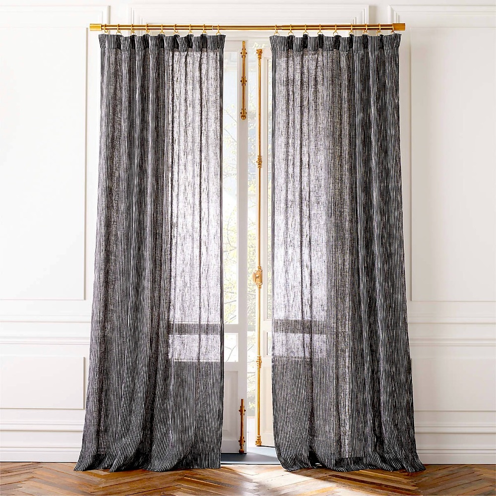 (Set 2 of 2) CB2 Harlow Black Striped Linen-Blend Sheer Window Curtain Panel